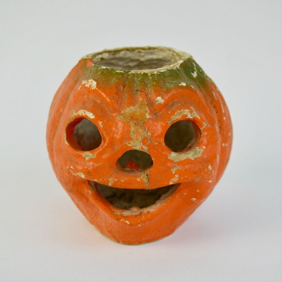 Antique Paper Mache Pumpkin Jack O Lantern Orange 4